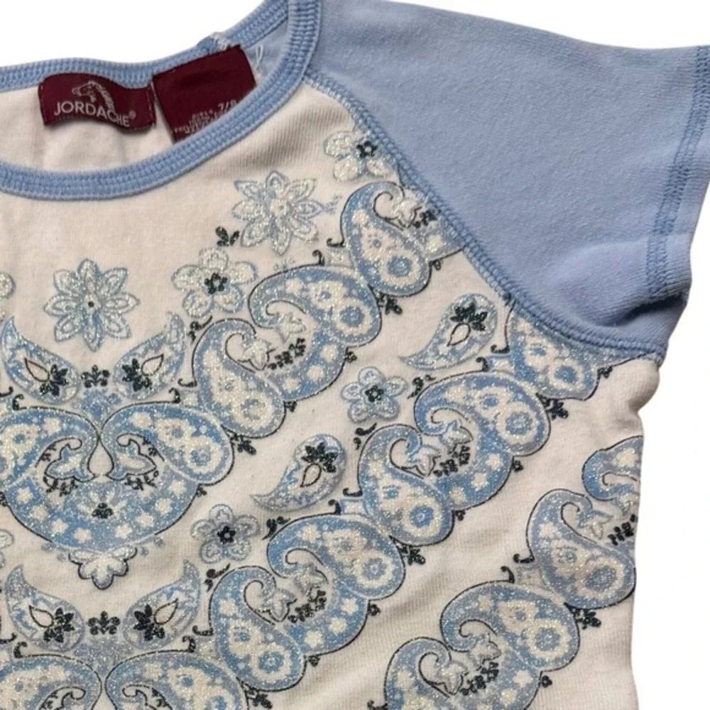 Jordache Girls 7 8 Vintage Y2K White Blue‎ Paisley Print Raglan Sleeve Womens XS